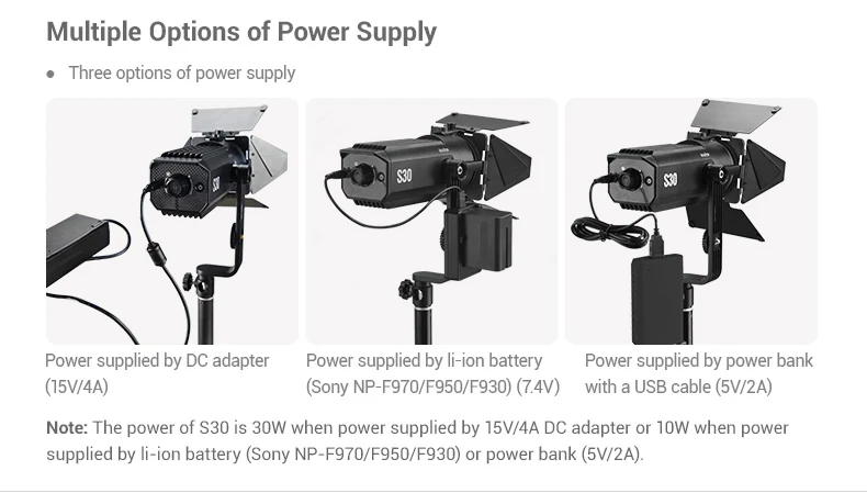 GODOX S30 30W Focusing LED Lampe Vid/éo Spotlight Focus Longueur et Luminosit/é R/églable 5600K CRI 96 S30 pour la Production de Films et de vid/éos