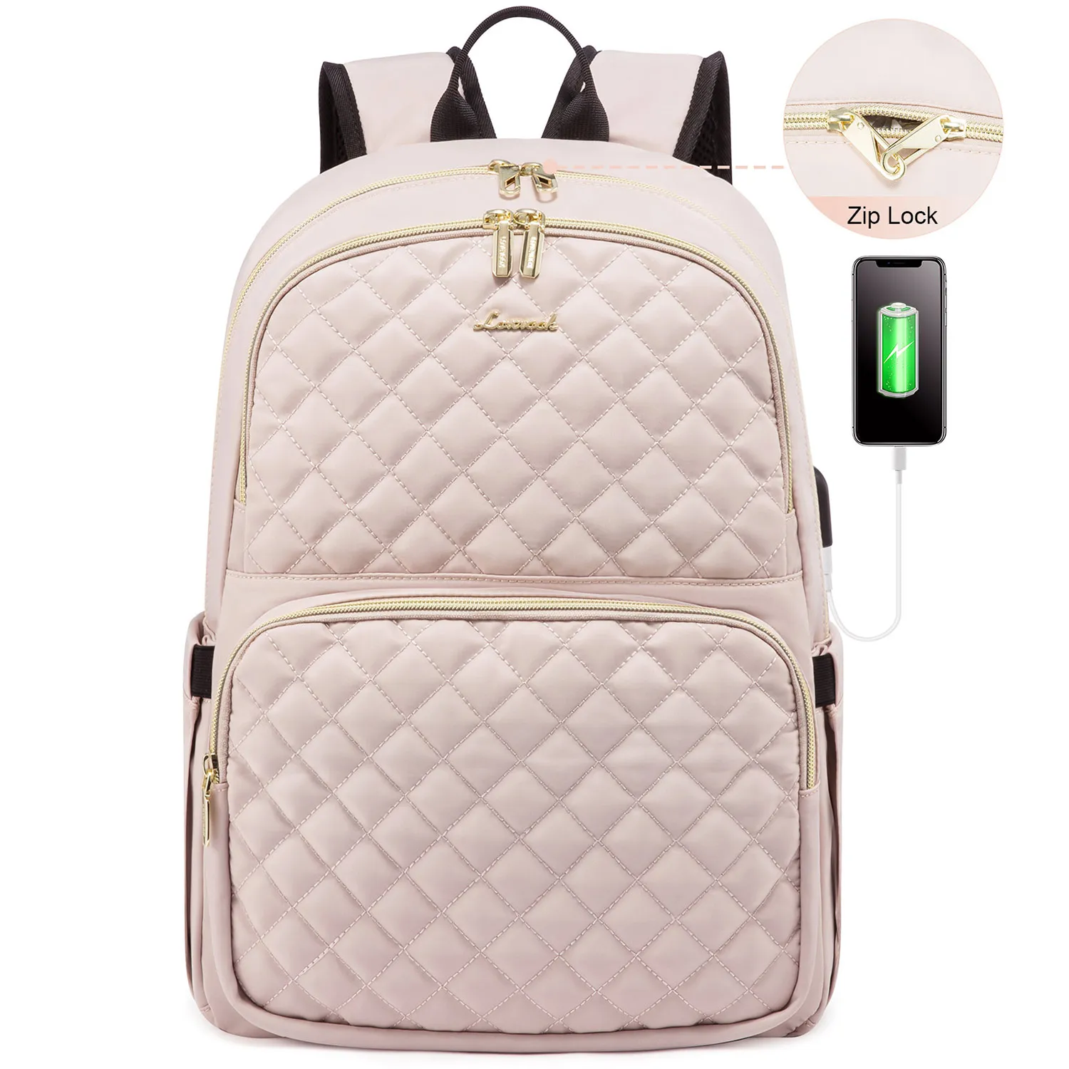 

LOVEVOOK Quilted Nylon Travel Laptop Bag With Anti-Theft Zipper College School Bookbag with USB Port Men Women Laptop Backpacks