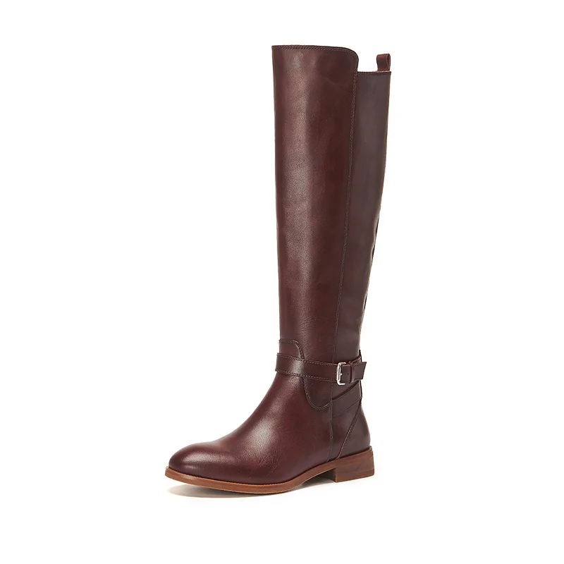 

New Boots Women's Leather Handmade Round Toe Low Heeled Brown Velvet Knight Boots High Quality Women's Boots
