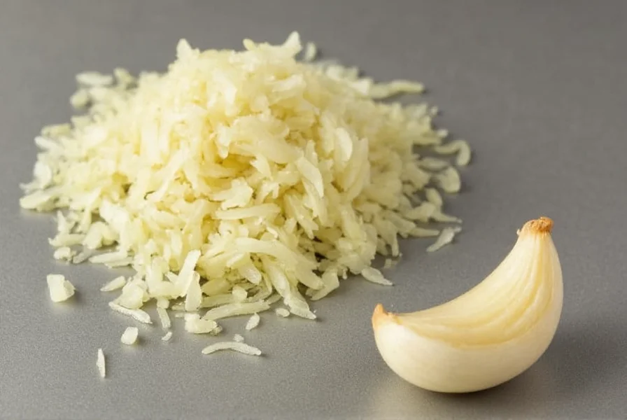 Garlic clove size comparison showing small medium and large cloves next to their minced equivalents