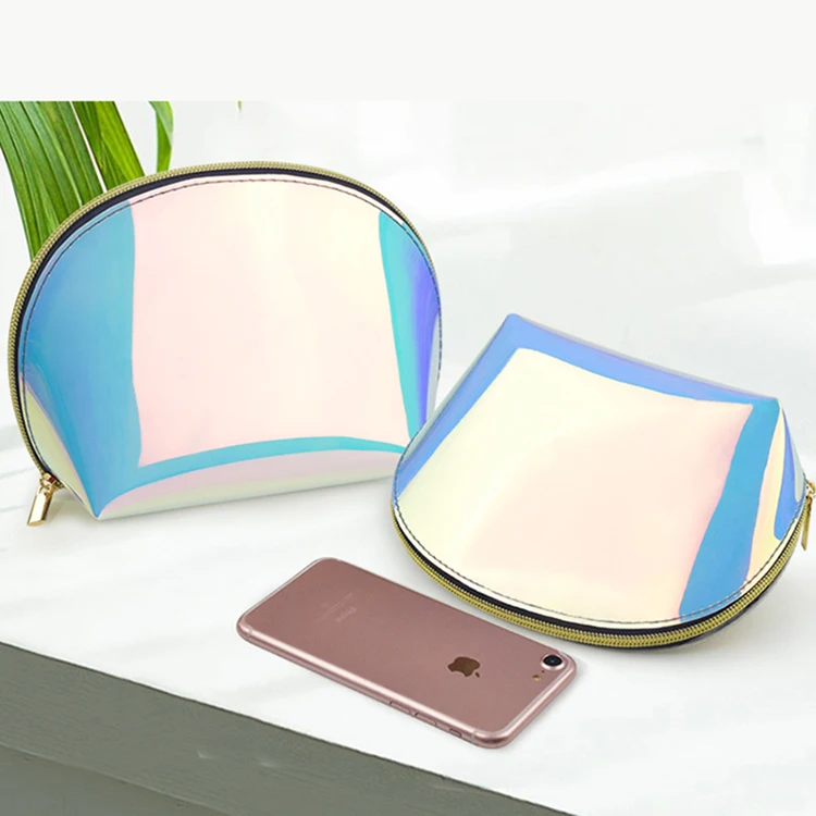 

Wholesale shell shape holographic makeup clutch bag Shiny Iridescence transparent zippered pvc laser cosmetic bag box, Hologram