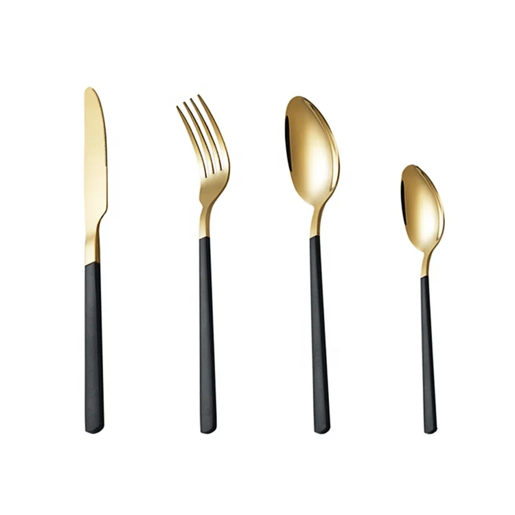 

Hot sell style black gold color handle flatware set high quality children cutlery stainless steel cutlery set, Customized color