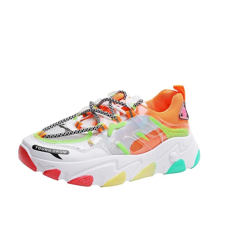 

New Breathable Rainbow Platform Sneaker Autumn Mesh Upper Women's Shoes, White/green/orange