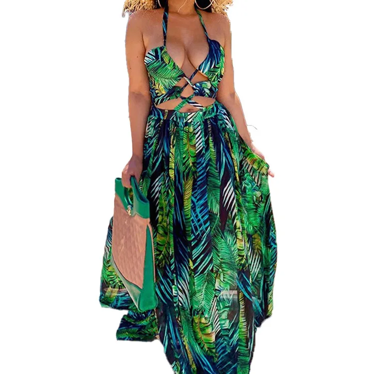 

2021 Beach Dress Summer Sleeveless Floral Print Casual Women Long Beach Wear Dress