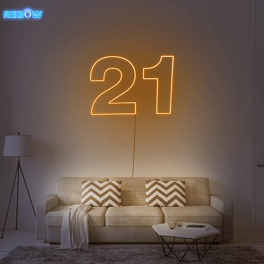 

Rebow 50CM Free Shipping Dropshipping Party Home Birthday Event Electric Hanging Custom LED Light Number 21 Neon Sign