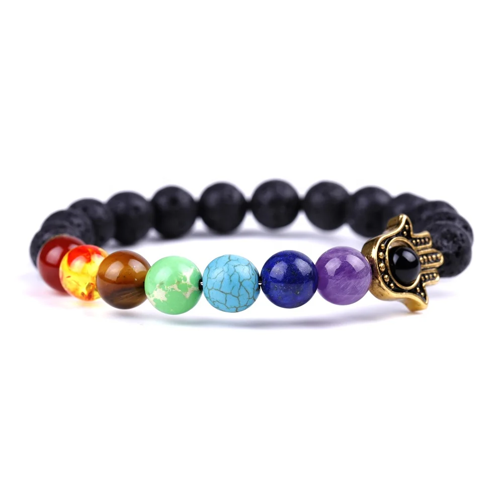 

7 Chakra Lava Stone Beads Hamsa Hand Charm Beads Bracelet Fashion Jewelry