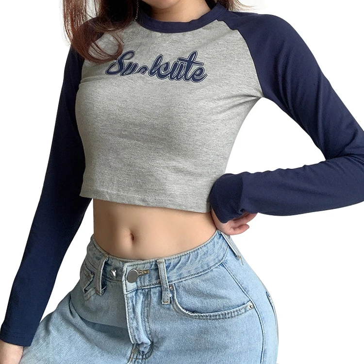 

100% Cotton Raglan Sleeve Color Contrast Letter Printing Crop Tops Baseball T Shirts Logo Customize Long Sleeves Women Tees