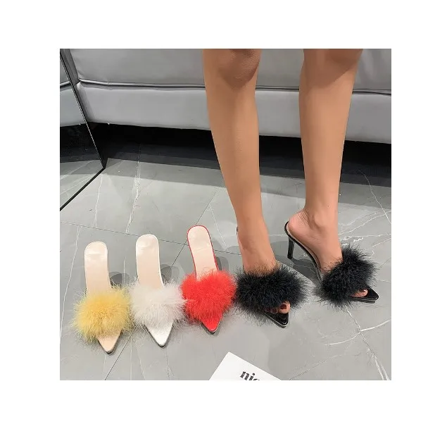 

35-43 size 2023 summer high heels plus size glass with hairy sandals female wholesale