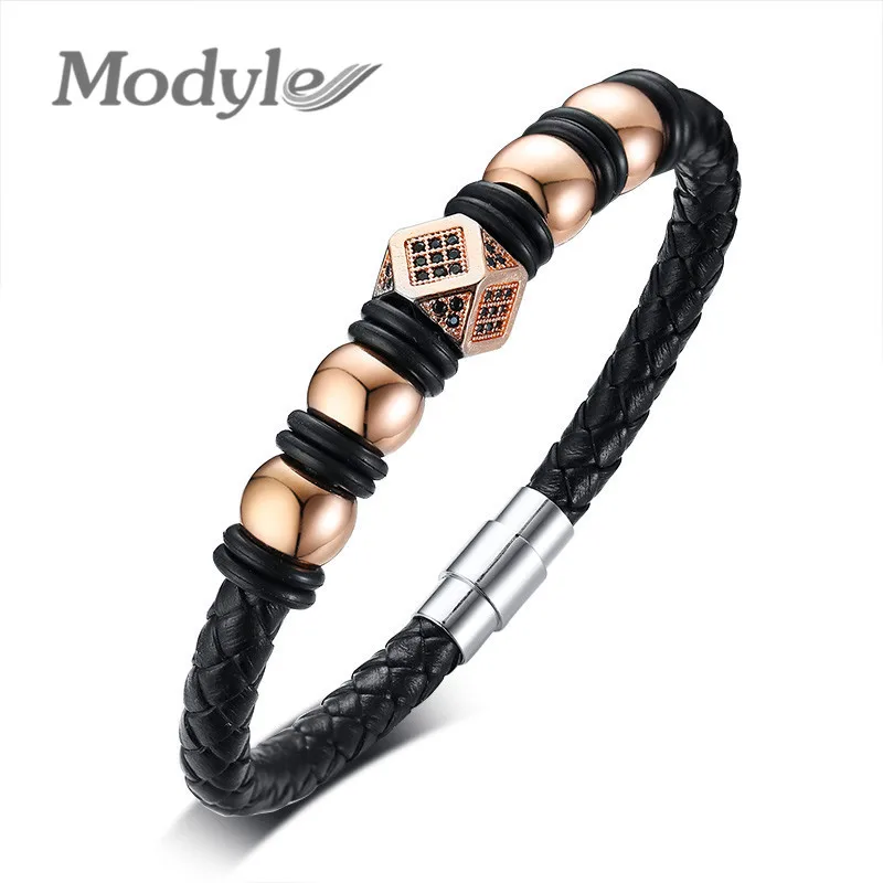 

High quality Genuine Leather Bracelet for Men Rose Gold Color Stainless Steel CZ Stone Bracelets Bangles