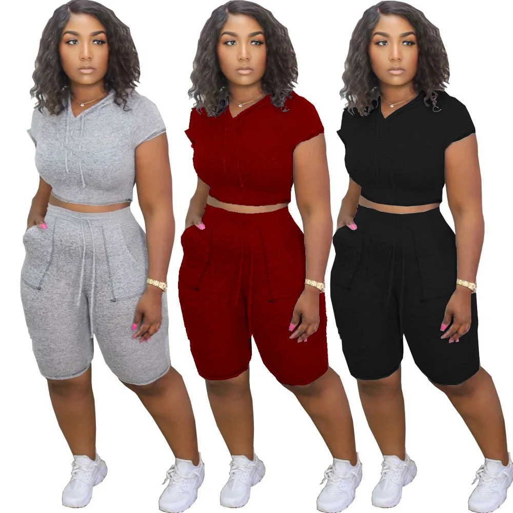 

Wholesale hot sales Short sleeve sport two piece set women Solid hooded crop top and biker shorts 2 piece sets shorts