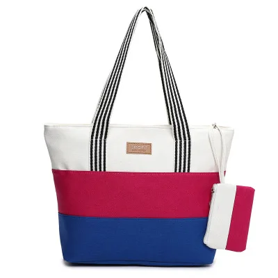

Hot sale Stitching color canvas women hand bag ladies trendy shoulder bag for shopping