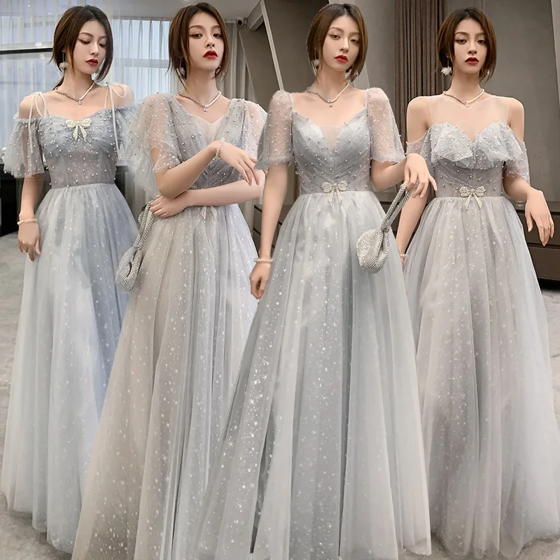 

V Neck Illusion Short Sleeves Sequined Night Dress Tulle Long Beading A-Line Women Party Dress