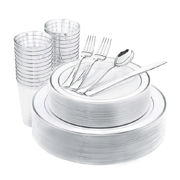 

150-Piece Disposable Laced Plates with Plastic Silverware and Cups, Heavy Duty Plastic Place Setting Tableware Set