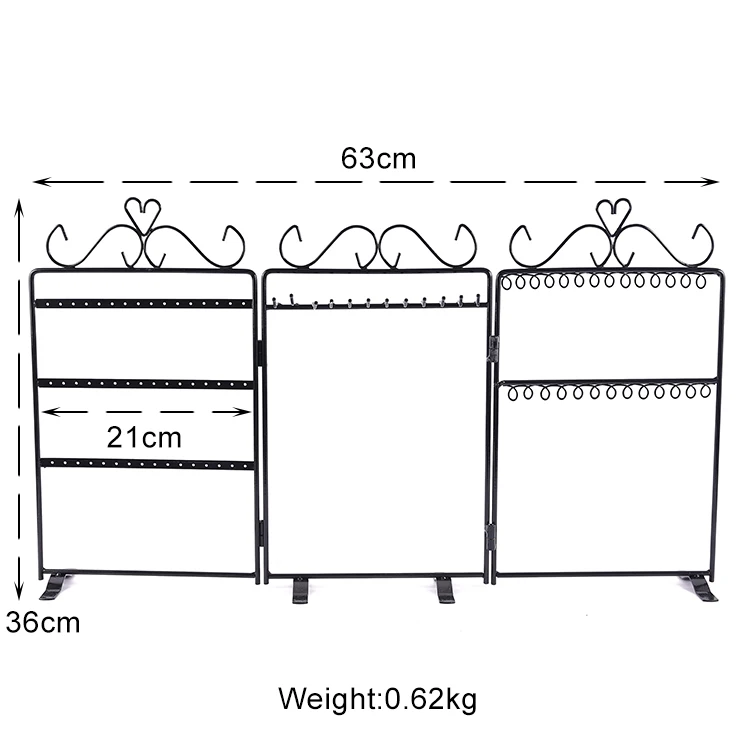 

Jewelry Display Showcase Foldable 3 Screen Modern 48 Holes 40 Hooks Bracelet Necklace Earring Stud Rack Unique Jewelry Displays, Black, brass