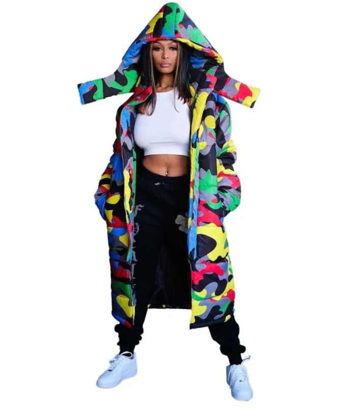 

Winter new hooded straight loose camouflage printing long bread coat down jacket cotton-padded jacket, Picture