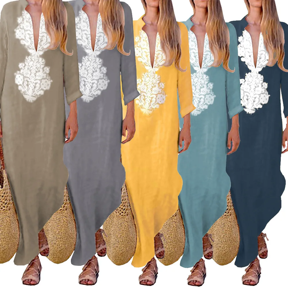 

New autumn cotton linen clothing floral print v neck loose long dresses for women, Khaki,yellow, gray, blue, as picture