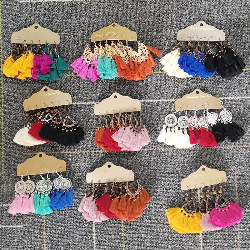 

2021 Boho Ethnic Tassel Dangle Drop for Women Female Fringed Vintage Fashion Earrings Sets Jewelry Accessories