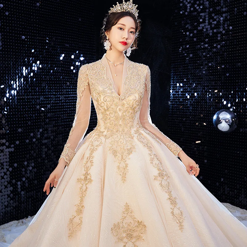 

Long sleeve cover arm light wedding dress 2021 new bride super fairy dream female dress temperament simple luxury wedding dress