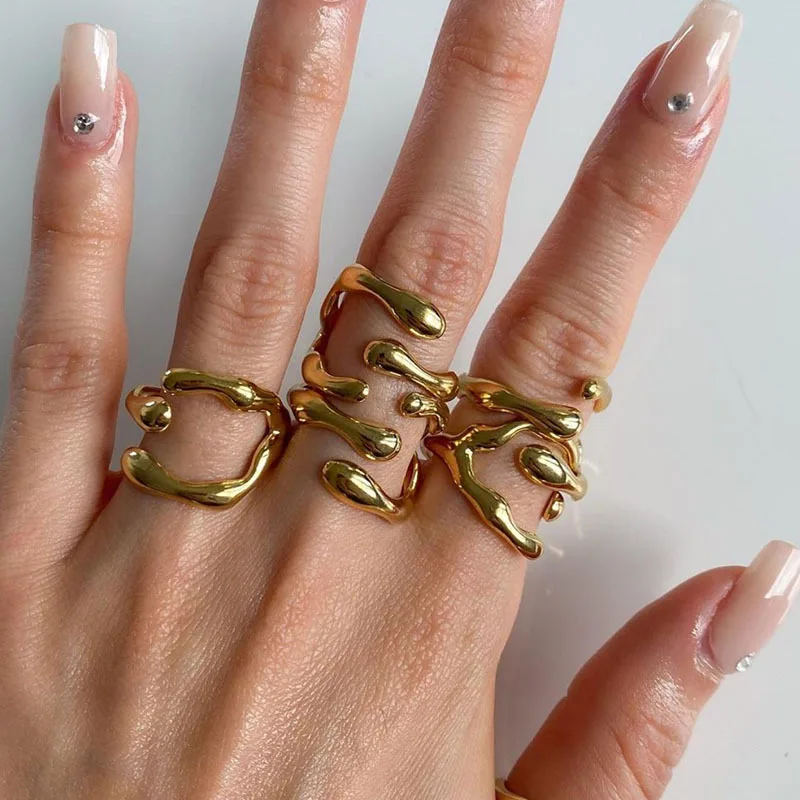 High End 18K Plain Gold Bamboo Fork  Cross Rings Stainless Steel Trendy Simple Gold Plated Jewelry