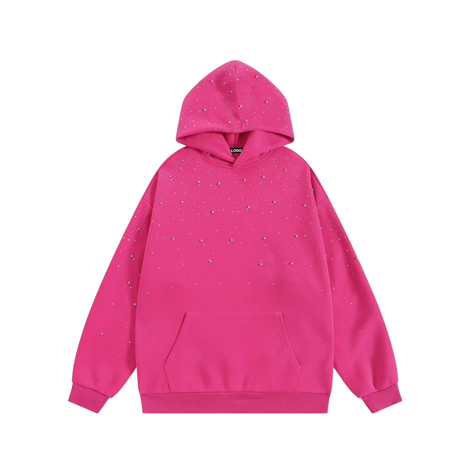 Rhinestone Starry Hoodie Men Oversized Drop Shoulder Heavyweight Cotton Hooded Sweatshirt Custom Streetwear Casual Pullover Top
