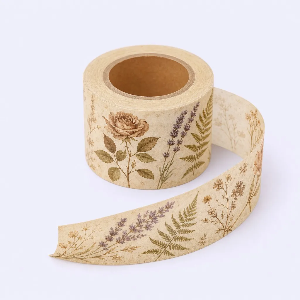 Vintage washi tape with unrolled strip — botanical garden motif