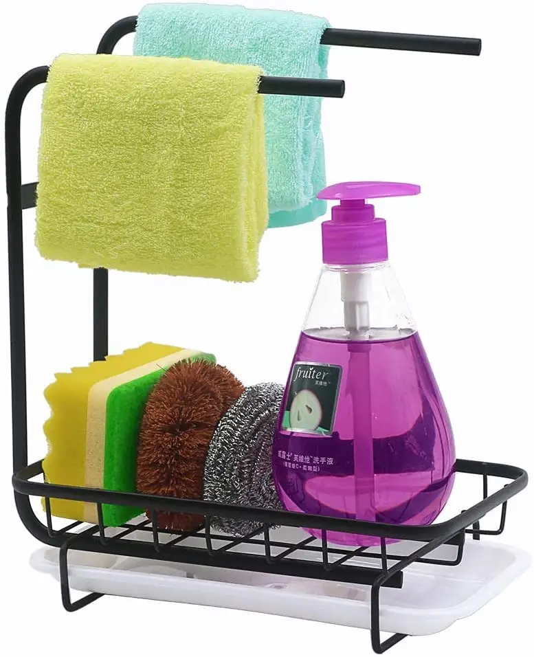 

Kitchen Sink Rag and Sponge Holder with Drain Pan Soap Brush and Soap Organizer Storage rack for Countertops, Cabinets, Black