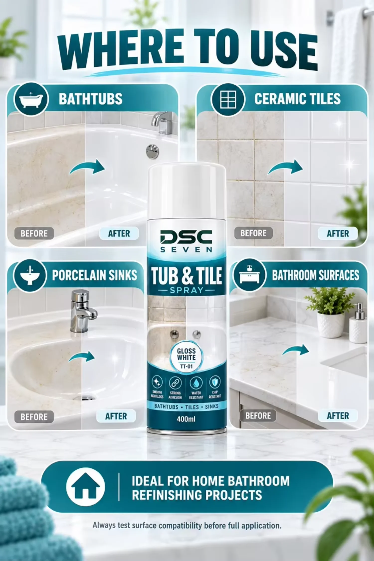 Acrylic Chip Resistant Tub and Tile Spray Paint Gloss White Strong Adhesion Water Resistant Aerosol Bathtub Tile Sink 400ml