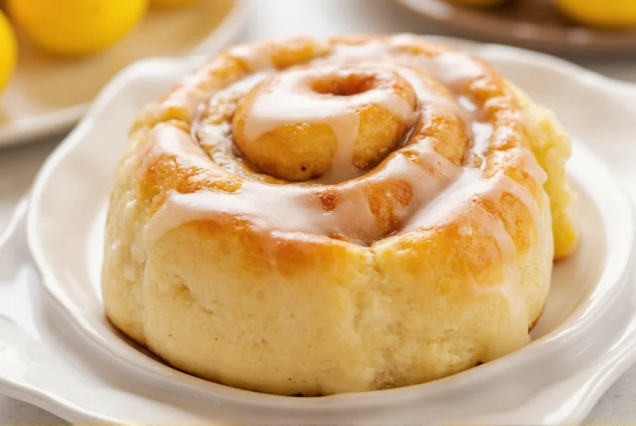 Freshly baked lemon cinnamon rolls with glossy lemon glaze drizzled over golden brown pastries on a white ceramic plate