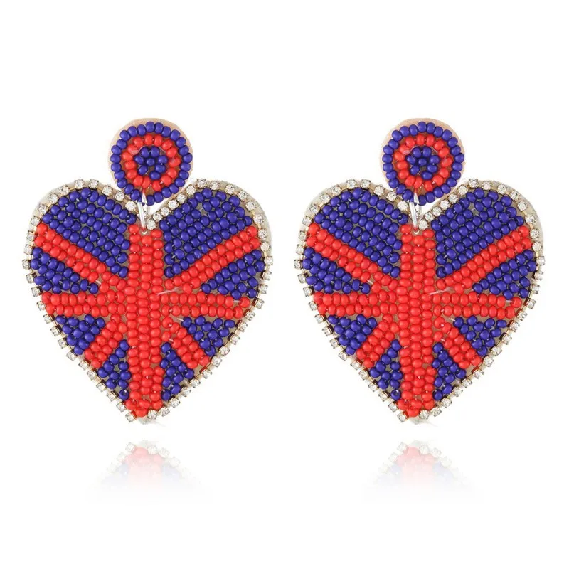 

New Ethnic Style Heart Shaped Flag Seed Beads Earrings Handmade Sewn Love Charms Fabric Earrings Wholesale