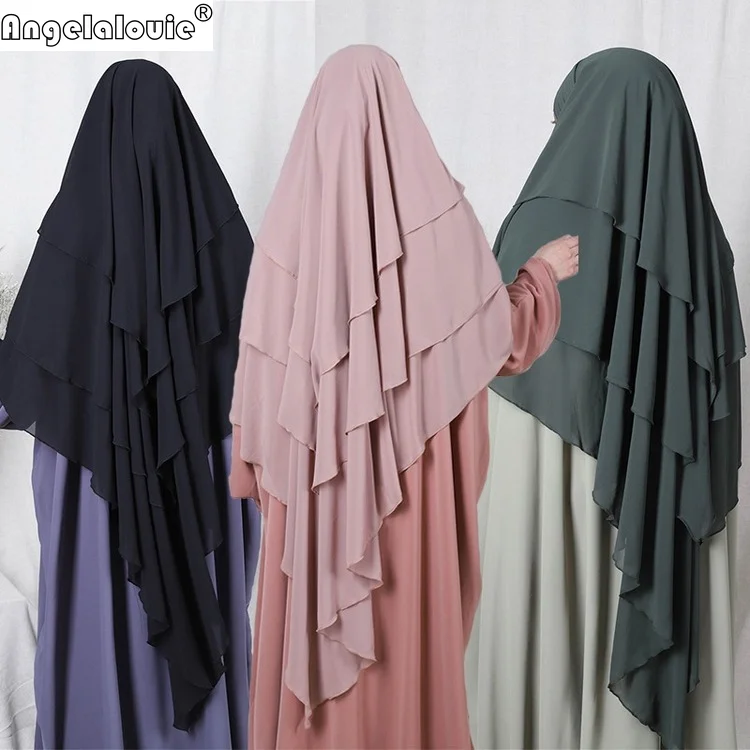 

Latest Muslim Women Prayer Hijab Overhead 3 Layers Headscarf Islamic Khimar Jilbab Hijab, Red /green/black/gray/pink/apricot