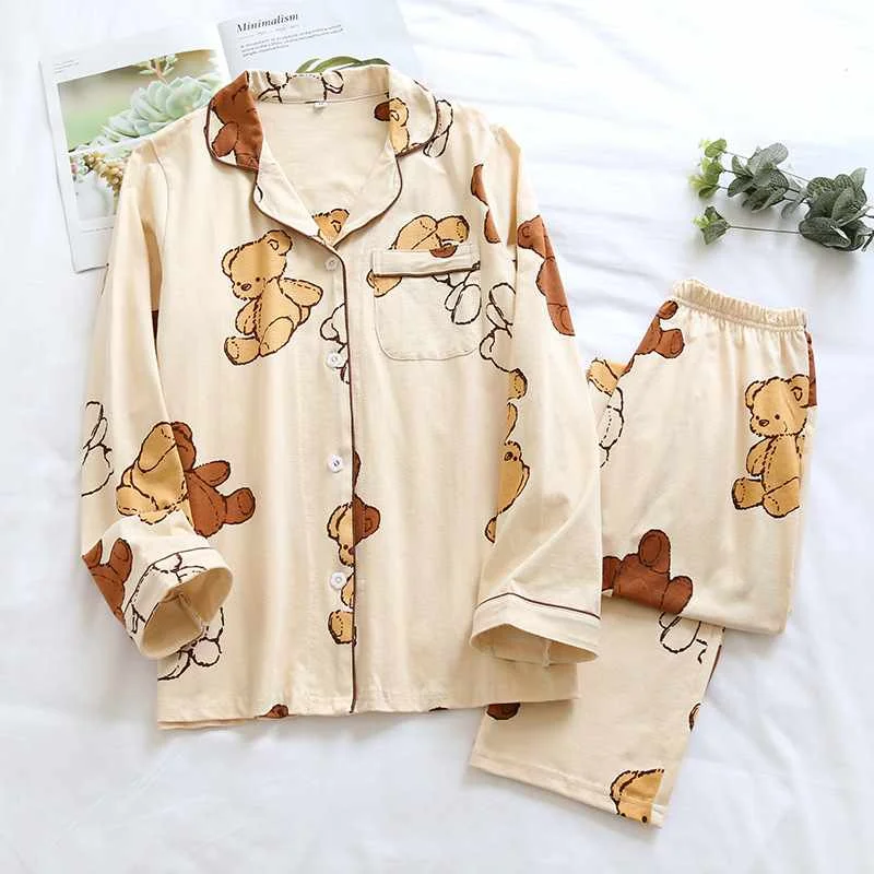 

Japanese new style autumn and winter knitted cotton ladies sleepwear suit spring and autumn long-sleeved cute bear home service, Required