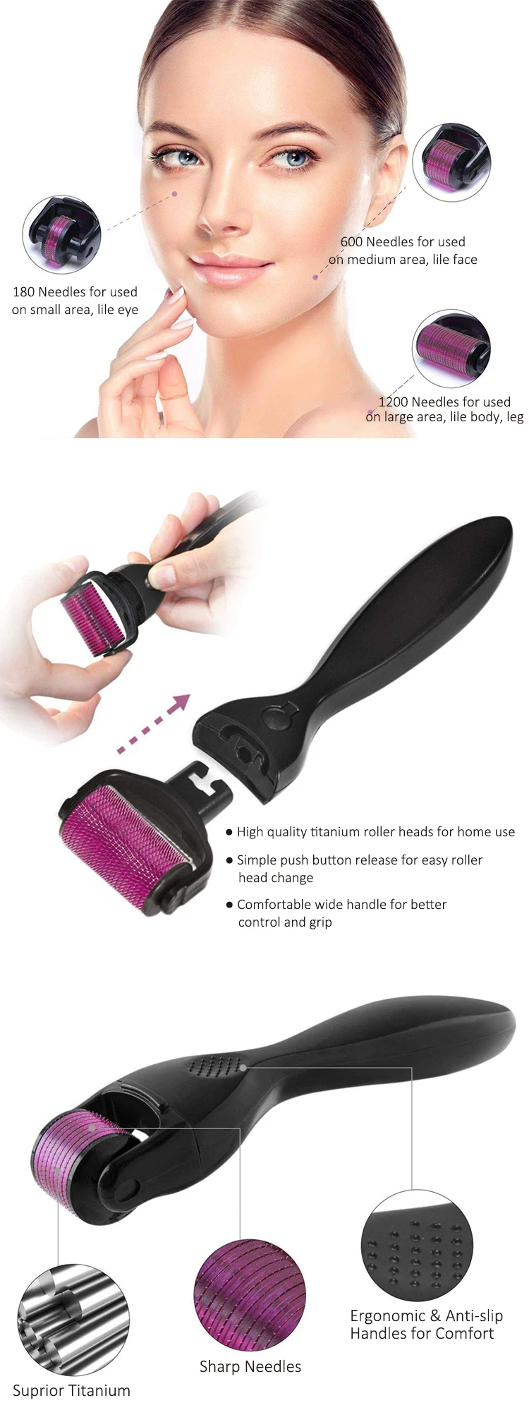 Hot sale Skin Beauty Care Tool 180 600 1200 Needles 3 in 1 derma roller Microneedle Dermaroller 3 in 1 for face/body