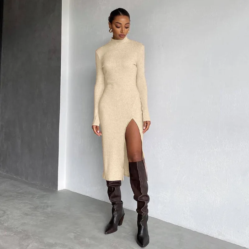 

Fall 2021Women Round Collar High Waist Temperament Solid Color Stand Collar Long Sleeves Slit Versatile Women Dress, Picture color