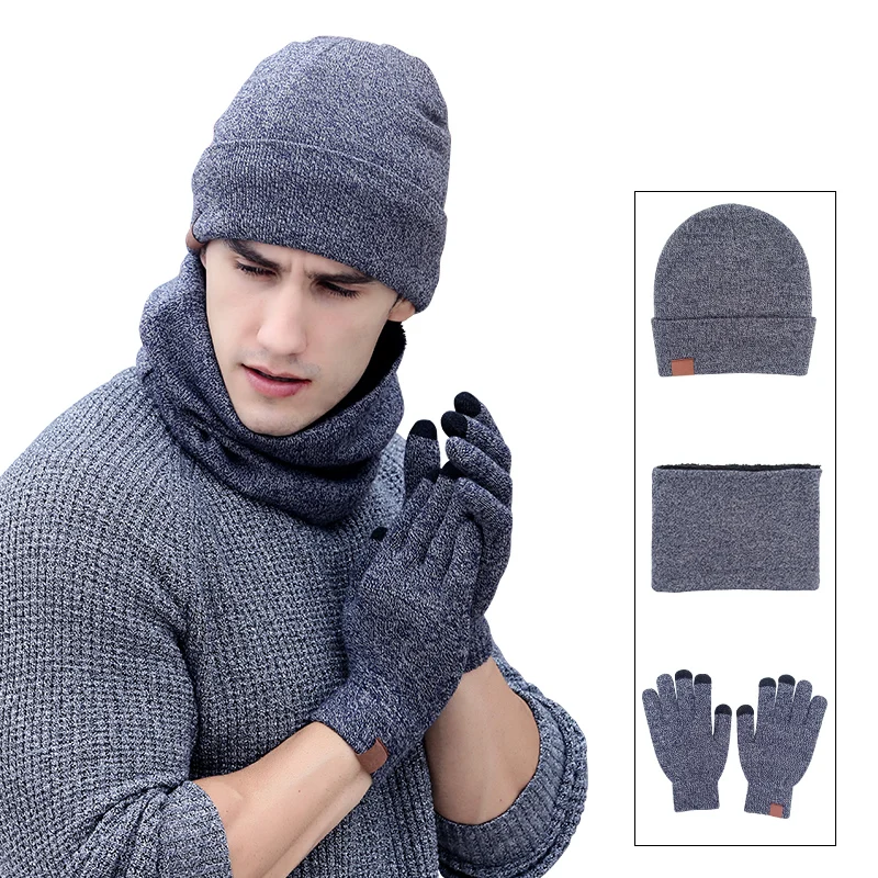 Custom Outdoor Warm Man Acrylic Knitted Winter Beanie Hat Scarf Gloves Set