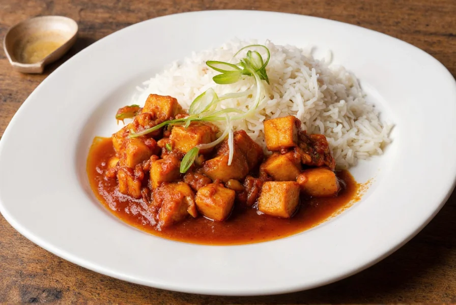 Plated chili paneer served with steamed rice and garnished with spring onions