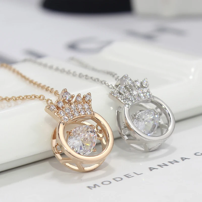 

Fashion Delicate Circle Rotate Crystal Choker Necklace Pendant CZ Zirconia Crystal Crown Necklace, As picture show