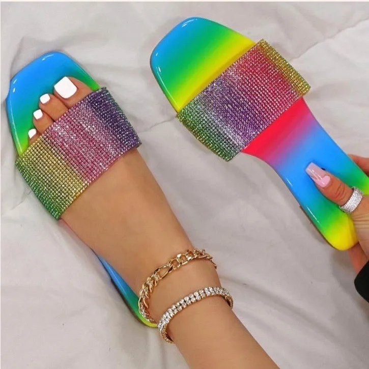 

Summer new style square toe colorful flip flops for women's large size rhinestone rainbow flat thin slippers, Pictures