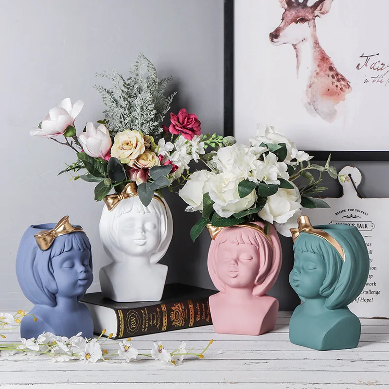 

girl face ceramic vase planter wholesale cartoon face flower pot head vases for home decor, Customized