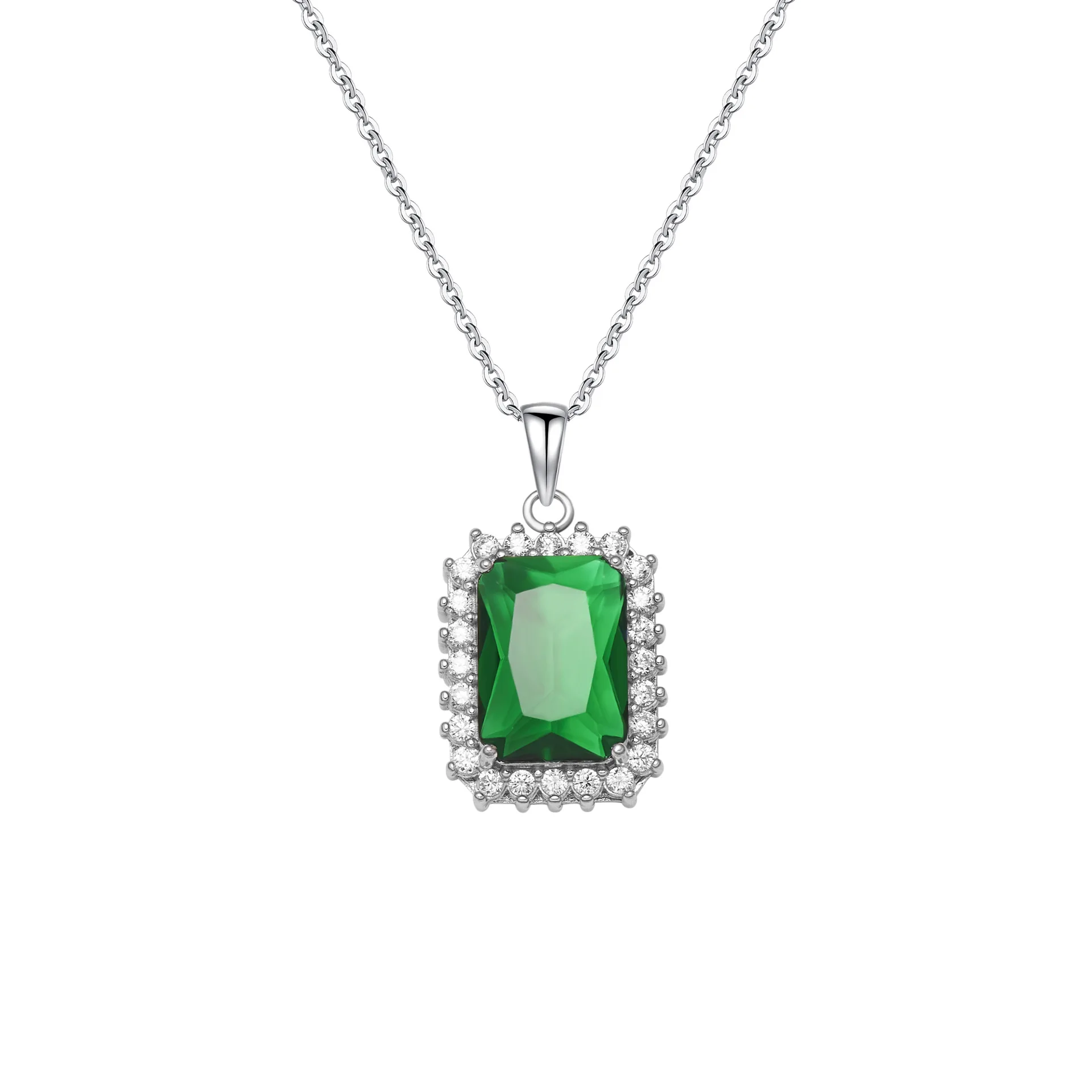 

925 Silver Rectangular Artificial Emerald Pendant Elegant Luxury Female and Male Clavicle Chain for Wedding