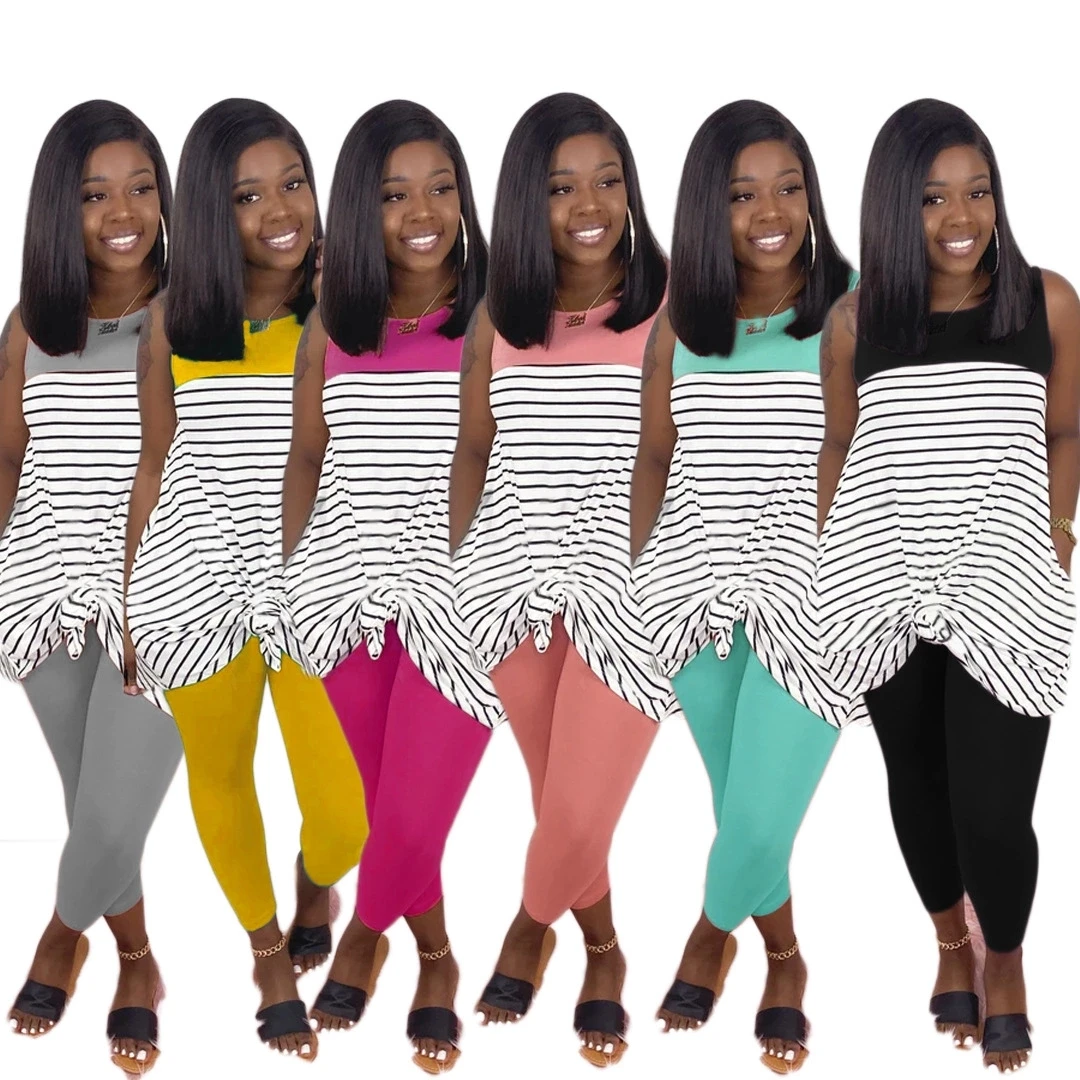 

FM-A8218 Spring and summer collection of sleeveless blouses and leggings two pieces set, 6 colors