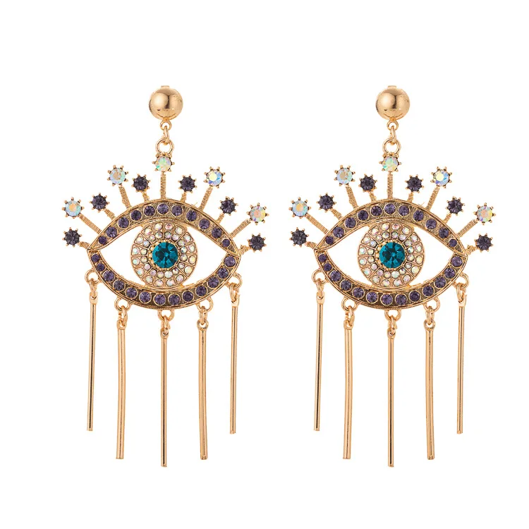 

New Fashion Accessories Gold Plated Long Crystal Devil Eyes Tassel Pendant Earrings Colors Diamond Blue Evil Eyes Drop Earrings
