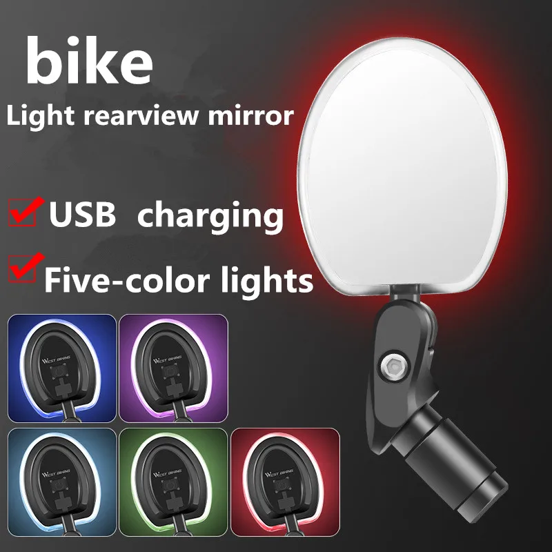

New LED bicycle light motorcycle rearview mirror with light night riding flat reflector mountain bike running accessories, Photo color