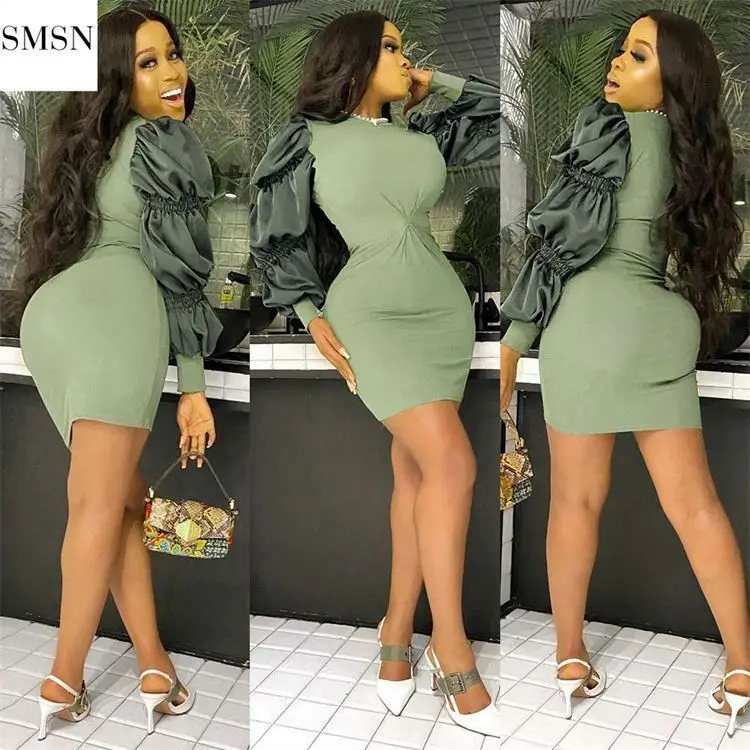 

IBEAUTY Latest Design Bodycon Stylish Sexy Woman Casual Dress 2021 Sweet Puff Sleeve Green Girls Dresses