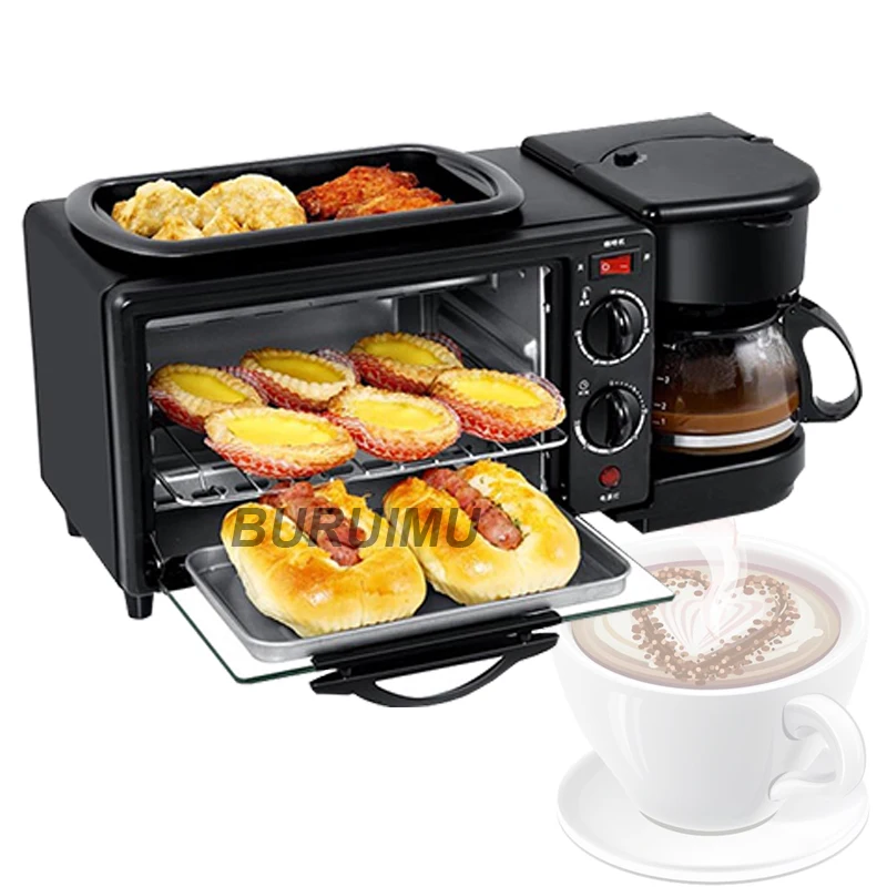 

Electric 3 In 1 Breakfast Machine Multifunction Mini Drip Coffee Maker Bread Pizza Oven Egg Omelette Frying Pan Toaster