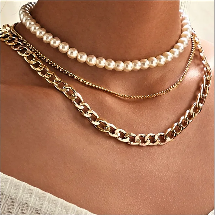 

Vintage Statement Gold Plated Pearl Necklace Multilayer Chains Choker Creative Pendant Necklaces for Ladies