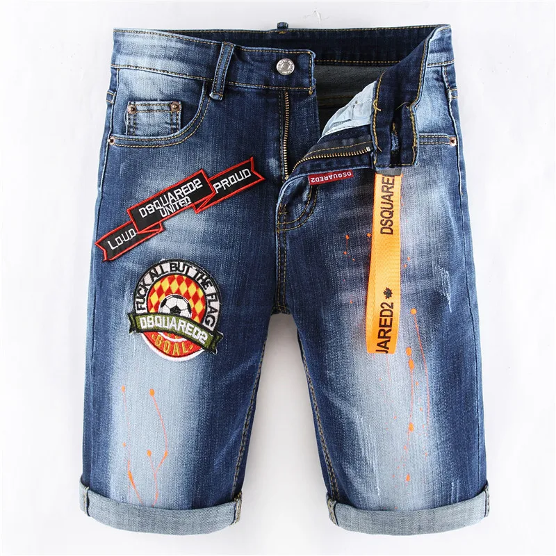 

Summer hot-selling stretch embroidery multi-badge inkjet men's denim shorts