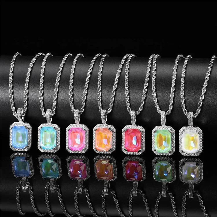 

Iced Out Bling Square Gem Stones Pendant Necklace 3mm twist chain Fluorescent Solid Zircon Hip Hop Jewelry Chain