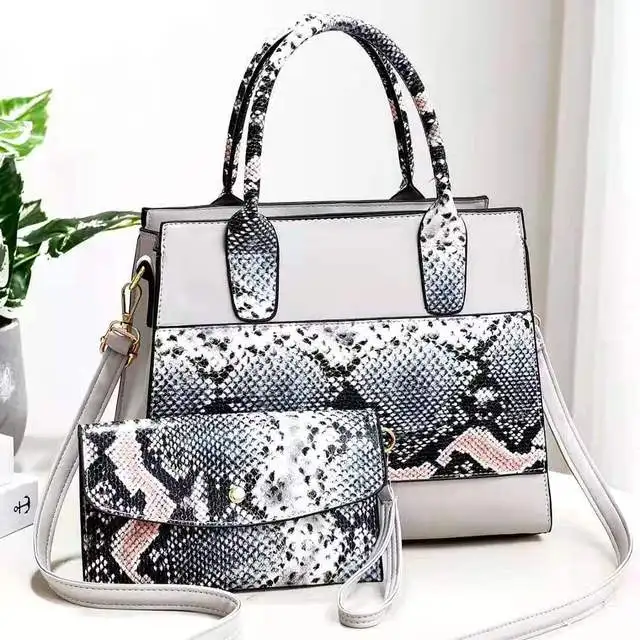 

High quality 2pcs in 1 set snake print hand bags women handbags ladies pu leather sac tote bag, Different colors