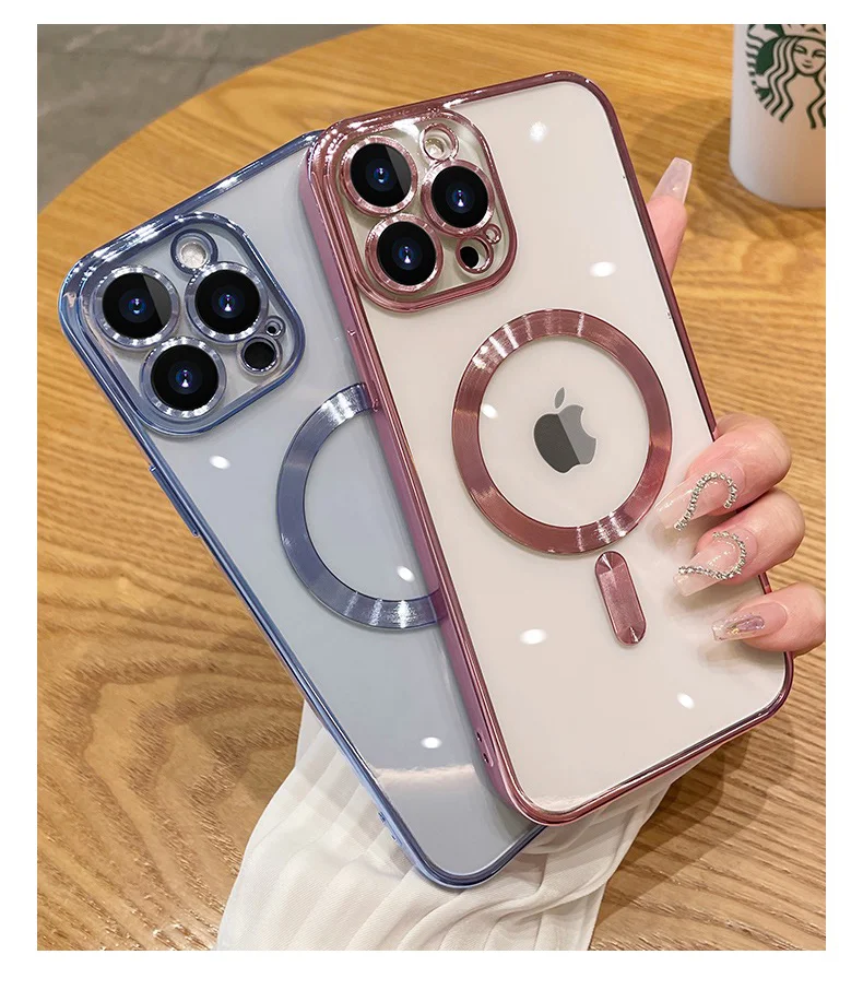 

Luxury Plating For Magsafe Case For iPhone 14 15 13 12 Pro Max Wireless Charging Magnetic Soft Cover With Camera Lens Protector