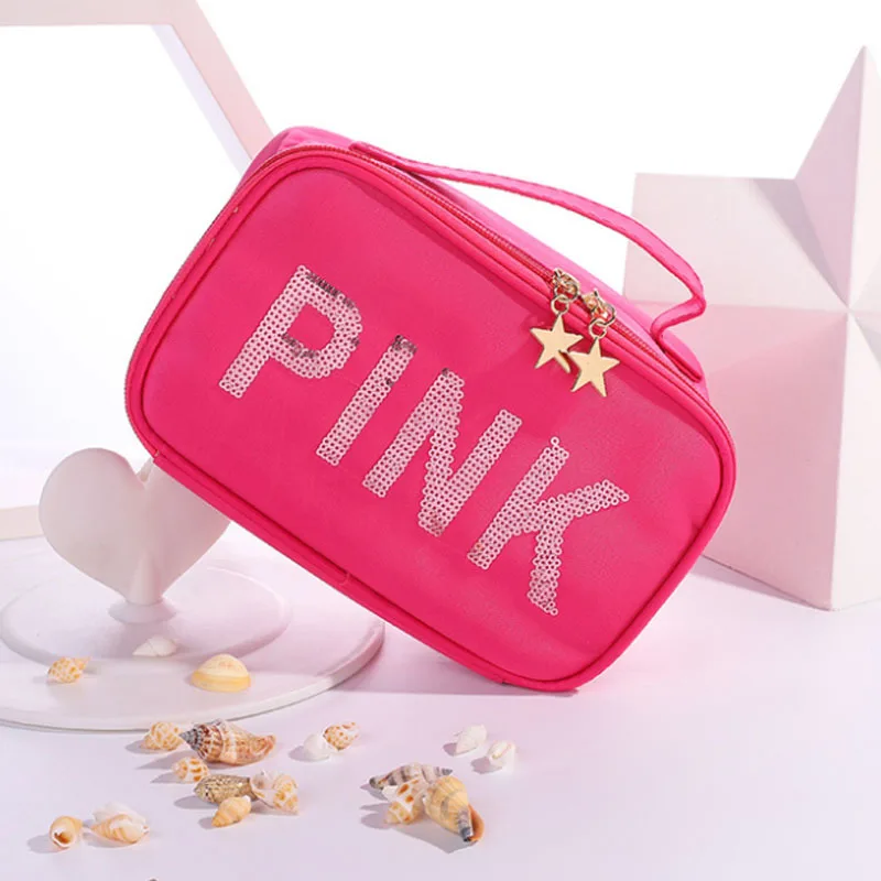 

New Large Sequins Glitter Dark Pink Cheap Makeup Travel Portable Small Square Bag Cosmetic Bag Custom Logo
